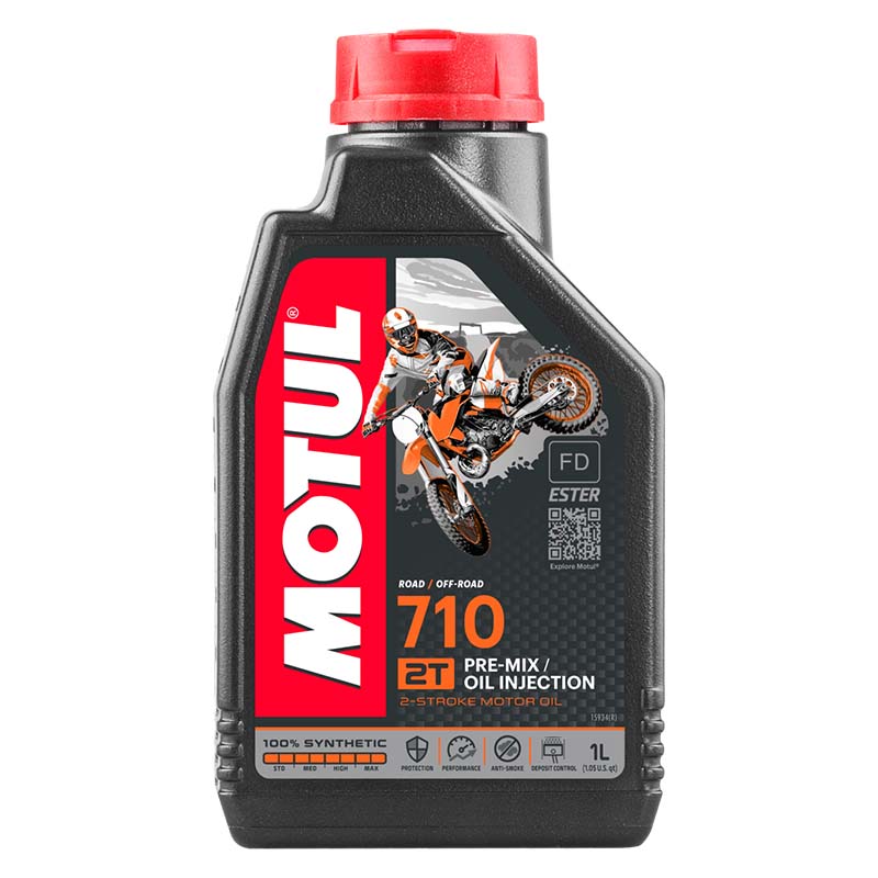 104034 Масло MOTUL 710 2T моторное, 100% синтетическое для двухтактных двигателей мотоциклов, 1 литр MOTUL 710 2T 1 л.